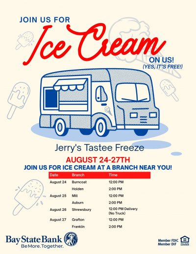 🍦 Summer isn’t over just yet!

Join us for Bay State Bank Customer & Community Appreciation Week, August 24–27! ☀️

We’re celebrating the…